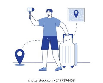 Influencer masculino en unas vacaciones mientras graba en cámara, viajando en el verano. Diseño de personajes. Ilustración plana de Vector