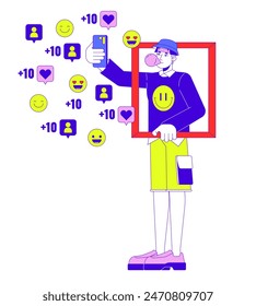 Male influencer selfie posting on social media 2D linear illustration concept. Korean stylish man with cellphone cartoon character isolated on white. Internet personality metaphor abstract flat vector