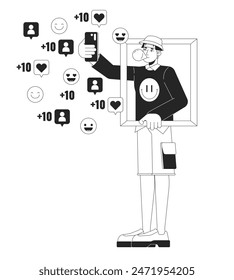 Male influencer selfie posting on social media black and white 2D illustration concept. Asian man phone cartoon outline character isolated on white. Internet personality metaphor monochrome vector art