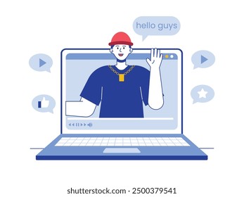 A male influencer in a stylish outfit, wearing a red beanie and gold necklace, is creating content. Character design. Vector flat illustration