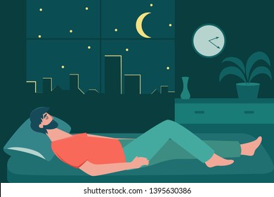 Male insomniac lying in bed at night. Tired man suffer from sleeping disorder, insomnia, nightmare, sleeplessness. Sleepy character trying to fall asleep with room and city on background.