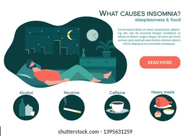 Male insomniac lying in bed at night. Tired man suffer from sleeping disorder, insomnia, nightmare, sleeplessness. Sleepy character trying to fall asleep. What causes insomnia banner.