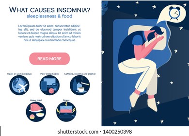 Male insomniac lying in bed at night. Tired man suffer from sleeping disorder, insomnia, nightmare, sleeplessness. Sleepy character trying to fall asleep. What causes insomnia banner. 