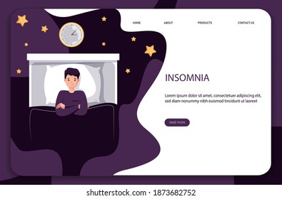 Male insomniac lying in bed at night. Tired man suffer from sleeping disorder, insomnia, nightmare, sleeplessness