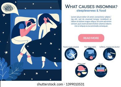 Male insomniac lying with sleeping woman near him in bed at night. Tired man suffer from sleeping disorder, insomnia, nightmare, sleeplessness. What causes insomnia banner. 