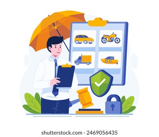 A Male Insurance Agent Holding a Clipboard With a Paper Document Policy. Vehicle Insurance Concept Illustration