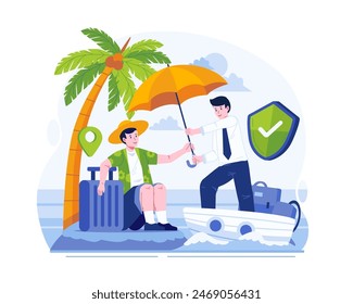 A Male Insurance Agent Holding an Umbrella Using a Boat Rescued a Stranded Male Traveler. Travel Insurance Concept Illustration