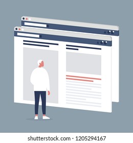 Male Internet user visiting a webpage. Lifestyle media. Website layout. Content. Technology. Flat editable vector illustration, clip art