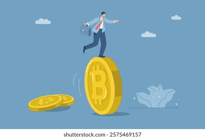 Male investor balancing on bitcoins, Risk and high volatility in the cryptocurrency market, Maintaining stability between losses and returns, Bitcoin trading market, Vector design.
