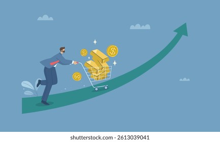 Male investor buys gold in shopping cart running up on an arrow that shoots upwards, Investment concept in gold, Gold growth investment profit, Flat vector design illustration.
