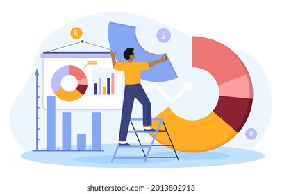 Male investor or financial planner standing on ladder to arrange pie chart as rebalancing investment portfolio. Concept of investment asset allocation and rebalance. Flat cartoon vector illustration