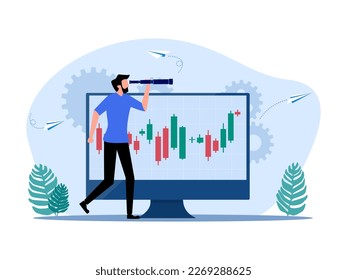 Male investor looking through binoculars with stock graph monitor. Predict or look into the future of the stock market. concept of finance and investment