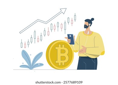 Male investor trading bitcoins via website or application, Bitcoin investment, Opportunity to make profit from digital currency, Modern innovative investment options, Flat vector design illustration
