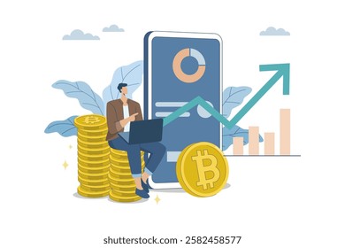 Male investor trading bitcoins via website or application, Bitcoin investment, Opportunity to make profit from digital currency, Modern innovative investment options, Flat vector design illustration
