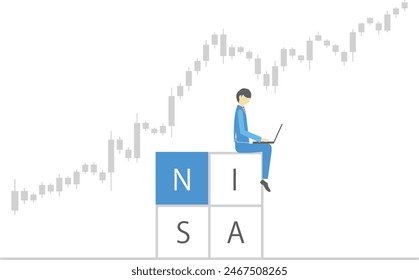 Male investor using PC and 4 squares with NISA word