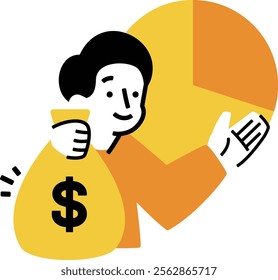 Male investor's use of NISA: Illustration of stocks and investment trusts shown with dollars and pie charts_A man holding a bag of money