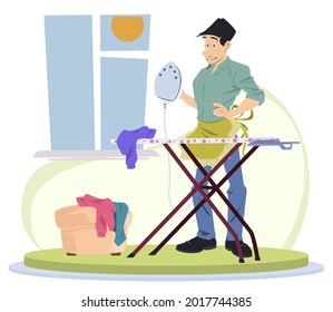 Male Ironing Clothes With An Iron. Man Is Doing Housework. Illustration Concept For Mobile Website And Internet Development.