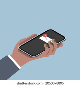 Male isometric hand with smartphone. Hand holding smartphone. Message on screen. New message notification. Illustration on blue background. 