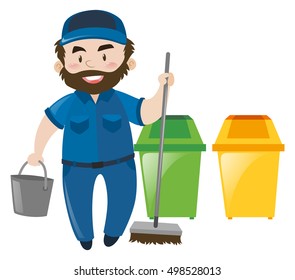 Male janitor with broom and bucket illustration