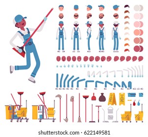 Male janitor character creation set. Full length, different views, emotions, gestures, isolated against white background. Build your own design. Vector illustration