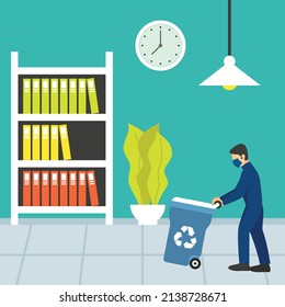 Male janitor cleaning and taking out the trash Concept vector icon design, Industrial cleaning service symbol, office and street caretaker Sign, maintenance appliance and equipment stock illustration