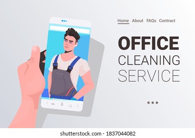 male janitor man cleaner on smartphone screen self isolation office cleaning service concept horizontal copy space portrait vector illustration