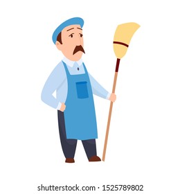 male janitor in uniform mopping floor man cleaner holding mop cleaning service concept full length flat white background.