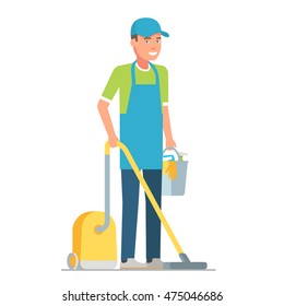Male janitor in uniform with vacuum cleaner and bucket. Vector flat design illustration