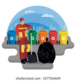 Male janitor, utility worker with shovel and garbage bag in uniform cleans street against backdrop of containers for garbage of different type. Separation and recycling of waste. Flat cartoon vector.