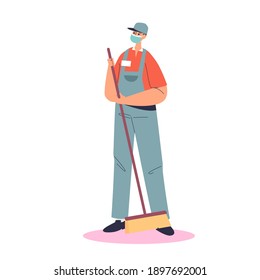 Male Janitor Wearing Medical Mask While Sweeping Floor. Worker During Covid Epidemic And Quarantine In Protective Uniform. Flat Cartoon Vector Illustration