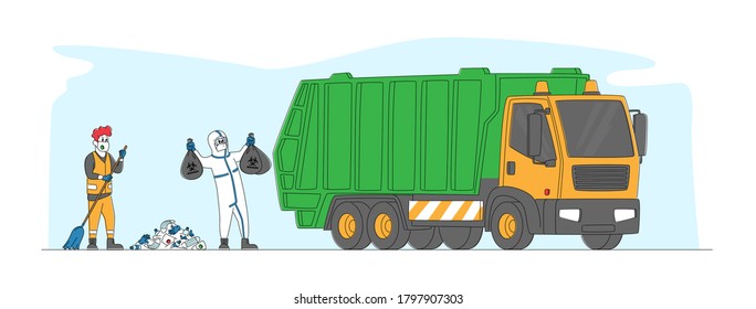 Male Janitors Characters in Protective Suits Sweeping Street and Collecting Covid Waste to Sacks with Bio Hazard Sign. Workers Throw Garbage into Special Trash Truck. Linear People Vector Illustration