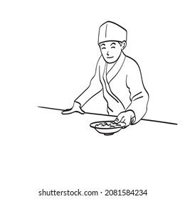 male Japanese chef serving a dish of food illustration vector isolated on white background line art.
