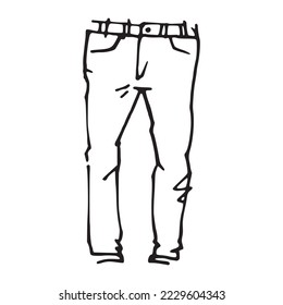 Male jeans hand drawn sketch illustration. Hand crafted simple pants outline silhouette fashion symbol. Bottom wear clothes simple design. Mans fabric made from cotton original drawing.