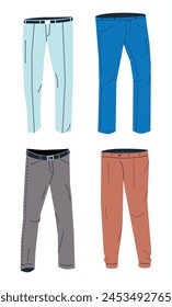 Colección de modelos de vaqueros masculinos. Conjunto de Versiones cortas, Pantalones o Pantalones de Hombre Denim. Ropa casual de moda para hombres. Vaqueros flacos, acampanados y clásicos. Ilustración vectorial plana de dibujos animados