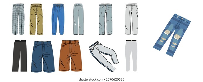 Male Jeans Models Collection. Set of Man Denim Shorts, Trousers or Pants. Casual Trendy Clothes for Men. Skinny, Flared and Classic Jeans. Cartoon Flat Vector Illustration