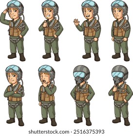 Personagem piloto de caça a jato masculino. Ilustrações de desenhos animados vetoriais agrupadas com cada imagem em uma camada separada.