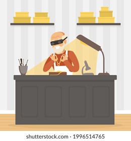 Male Jeweler Making Jewelry at Workplace, Craft Hobby or Profession Vector Illustration