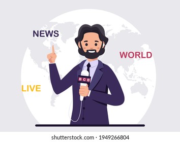 Male journalist holding mic. Vector illustration