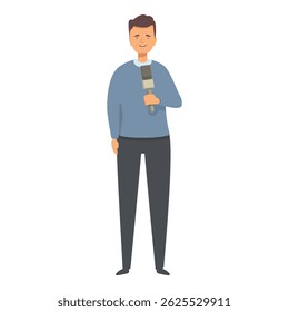 Male journalist is holding a microphone and reporting live news