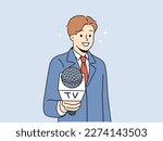 Male journalist with microphone in hands interview audience. Man reporter or host stretch mic to camera. Journalism and broadcast. Vector illustration. 