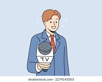 Male journalist with microphone in hands interview audience. Man reporter or host stretch mic to camera. Journalism and broadcast. Vector illustration. 