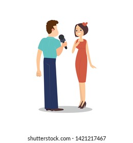 Male journalist with microphone taking interview sexy woman