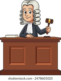 Male judge behind courtroom desk vector illustration