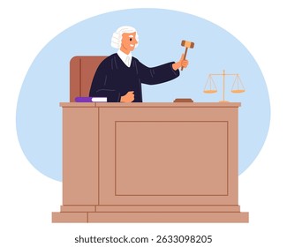 Juiz masculino com roupão preto com martelo proferiu veredicto judicial. Autoridade legal para a punição de crimes. Advogado tem assento no tribunal. Equilíbrio da justiça. Profissional de defesa de carreira. Conceito de vetor judiciário