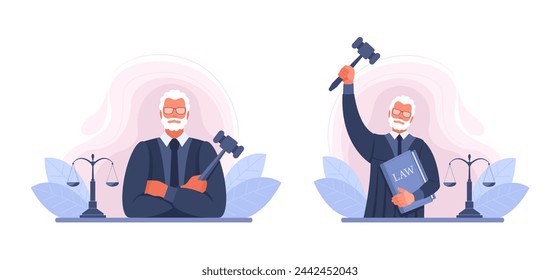 Male judge in a courtroom, wearing a robe with a gavel, book of law and scales. The concept of court, justice, law, sentence, fairness, defense in court, crime. Set of blue vector illustrations.