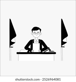 Male judge at a desk in flat vector illustration symbolizing justice, decision making, and law, isolated on white background.