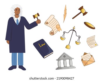 Male judge and different objects on white background
