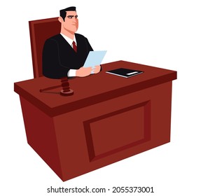 A male judge is presiding over a court hearing. The judge announces his decision. The court pronounces a verdict. Stock vector illustration