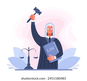 Male judge in robe and wig with gavel, scales and book of law. The concept of court, law, justice, crime and sentence. Vector illustration banner in blue color.