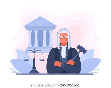 A male judge in a robe and wig with a hammer and scales near the courthouse. The concept of court, law, justice, crime and sentence. Vector illustration in blue color.